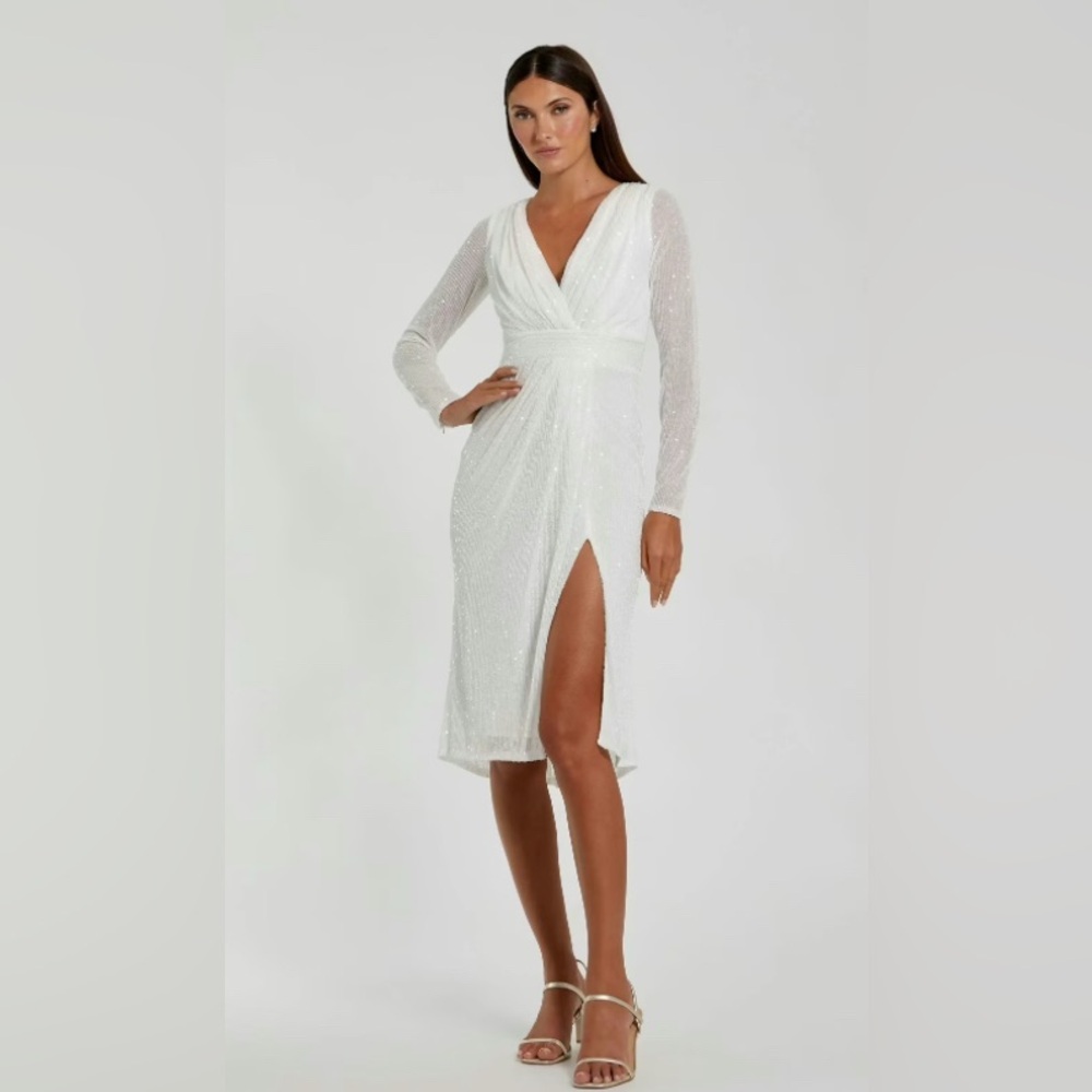 Mac Duggal White Longsleeve Midi Sequined Dress